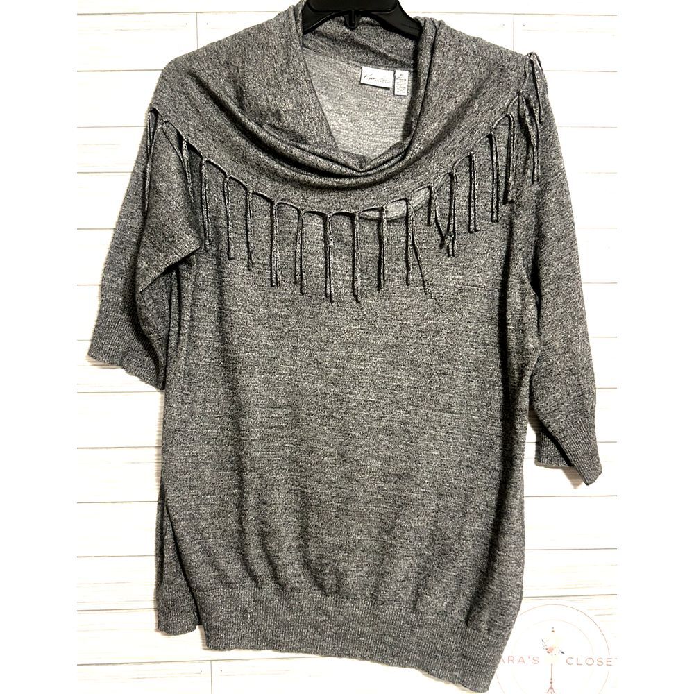 Kim Rogers 2XL Fringe‎ Cowl Neck 3/4 Sleeve Gray Sweater Top blouse